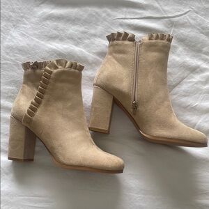 Women's Beige Ankle Boots with Ruffle Detail